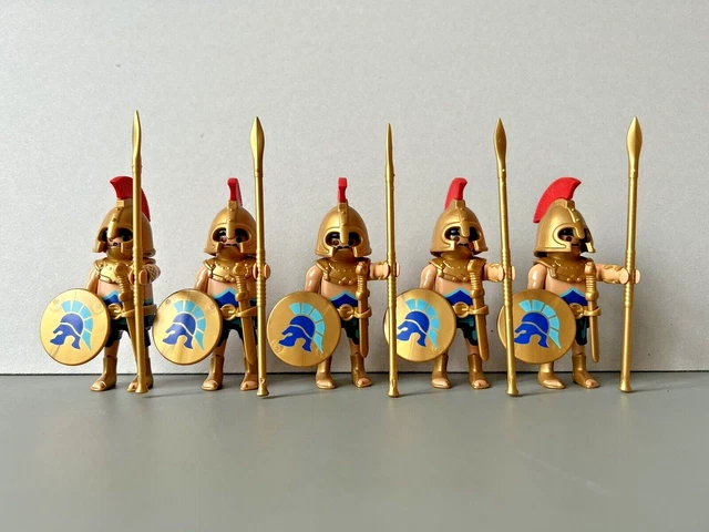 5 Figurines Guerriers Grecs Playmobil Compatibles - Elite Grecque - Bleu Et Bronze - Occasion
