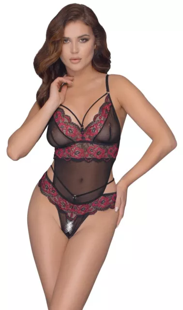 Body Intimo Sexy Lingerie donna in Pizzo Floreale nero e Rosso trasparente Eros