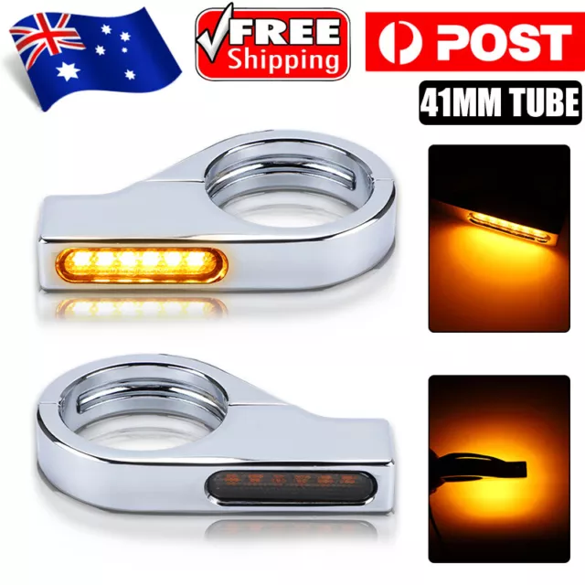 2x Chrome Motorcycle Amber LED Turn Signal Indicator for 41mm Fork Tube Clamp AU