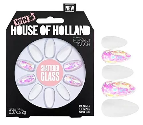 House of Holland Clavado por Elegant Touch VIDRIO ROTO: 24 uñas, pegamento para uñas...