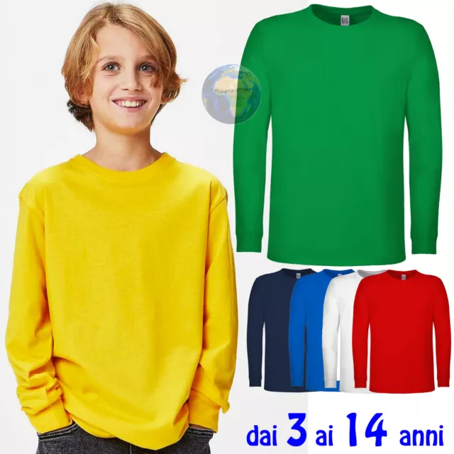 MAGLIA da BAMBINO a MANICHE LUNGHE in COTONE Maglietta T-SHIRT 3/14 anni BIMBI