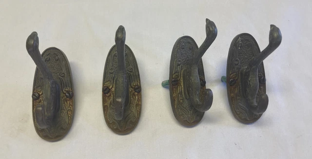 4-Antique Solid Brass Swan coat hook rustic hanger 4”