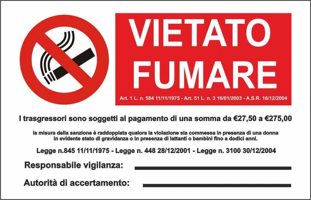 Cartello Vietato Fumare 20x30 Cm In PVC - Targa Normativa Italiana Prodotta In Italia