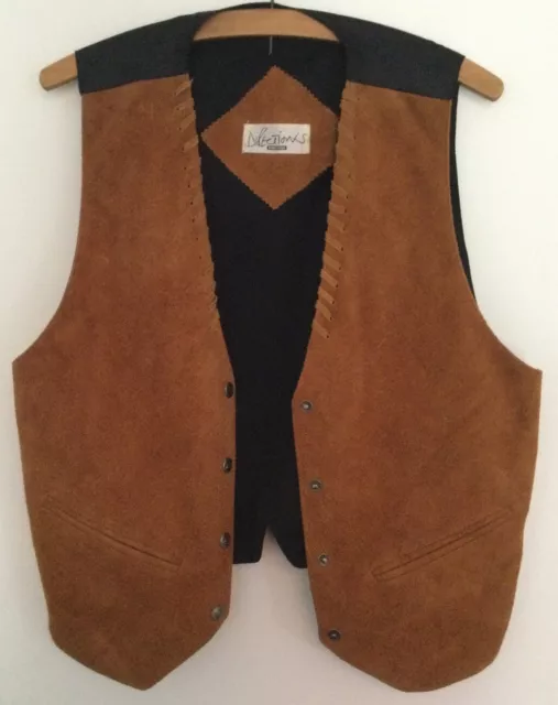 Vintage  Mens Brown Leather Fancy Dress Cow Boy Suede Waistcoat Silver Tone 36