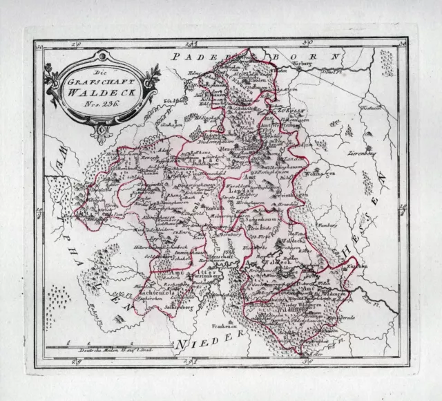 Grafschaft Waldeck Korbach Bad Wildungen Arolsen Vöhl Hessen Karte Reilly 1790