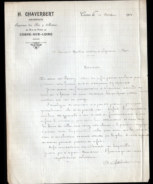 COSNE-sur-LOIRE (58) ARCHITECTE ""H. CHAVERBERT"" in 1912