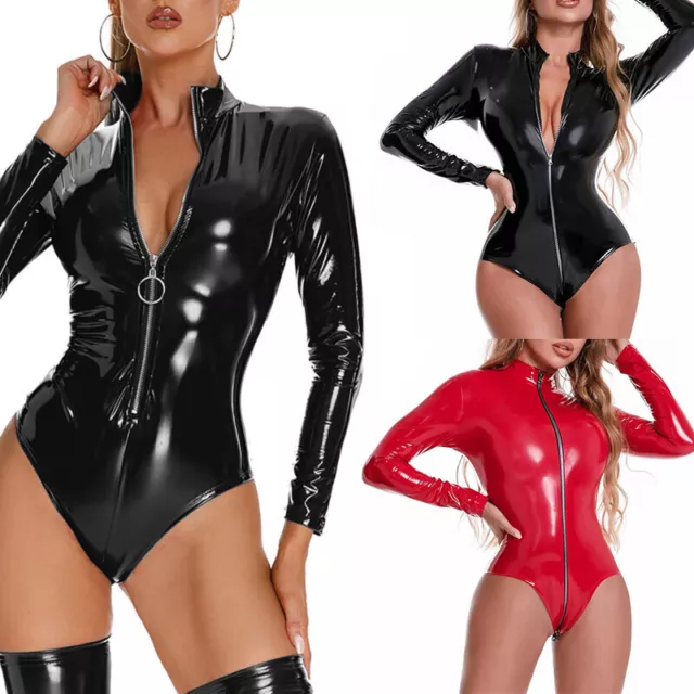 UK Women's PVC Leather Leotard Wetlook Zipper Jumpsuits Clubwear Party Catsuits