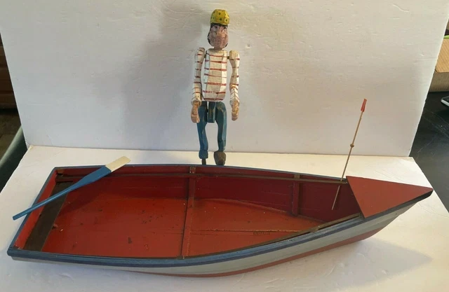 Vtg Pirate Hand Carved Wood Jointed Figure and Rowboat Hand Painted Folk Art USA
