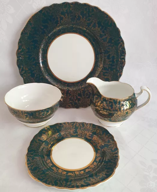 Vintage Colclough Harlequin Dark Green/Teal & Gold Chintz Bone China Tea Set