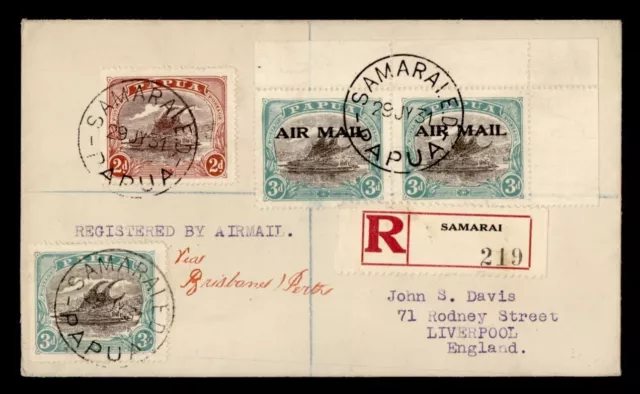 DR WHO 1931 PAPUA NEW GUINEA AIRMAIL OVPT REGISTERED SAMARAI TO GB k00096