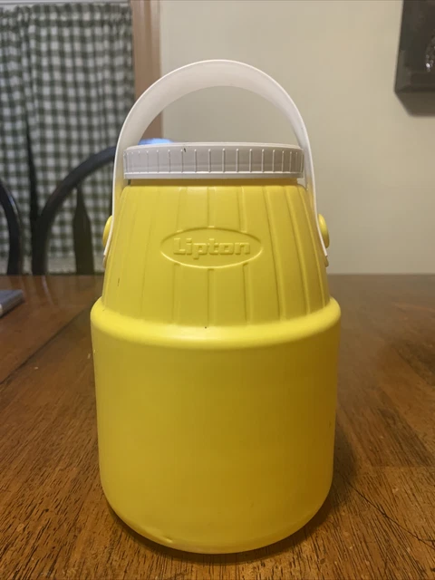 Vintage Yellow Plastic Lipton Tea Picnic Jug Container 8” Tall Drink Fun Handle