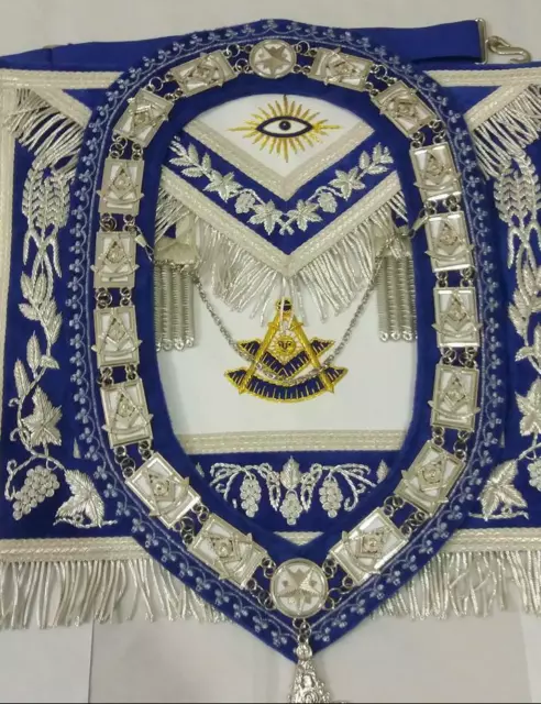 Masonic Regalia Past Master Apron & Collar + Jewel Blue Velvet Hand Embroidered