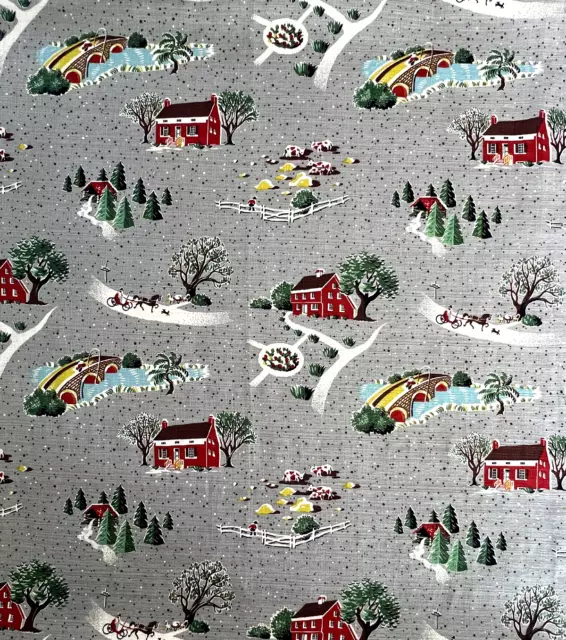 Lovely Winter Themed Barkcloth Vintage Fabric - 3.5 Yds, Grey/Red/Green