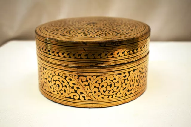 Antique Burmese Betel Nut Box Gilt Lacquerware Myanmar Floral Gold Painted Old"4 5