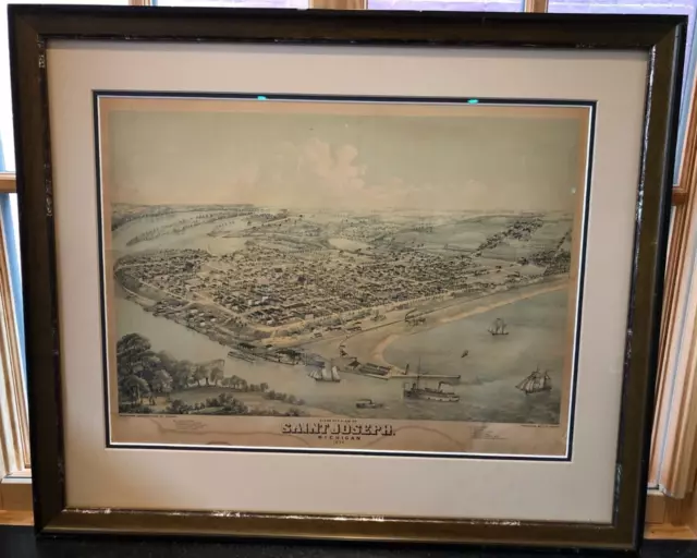 1870 ORIGINAL 20 X 15 Birds Eye View St. Joseph MI Merchant Litho Chicago FRAMED