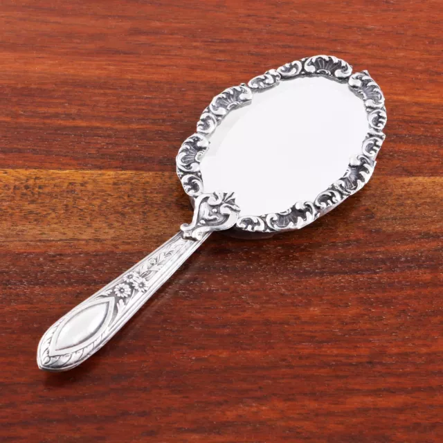 Portuguese .833 Silver Diminutive Hand Mirror Florals & Scrolls No Monogram