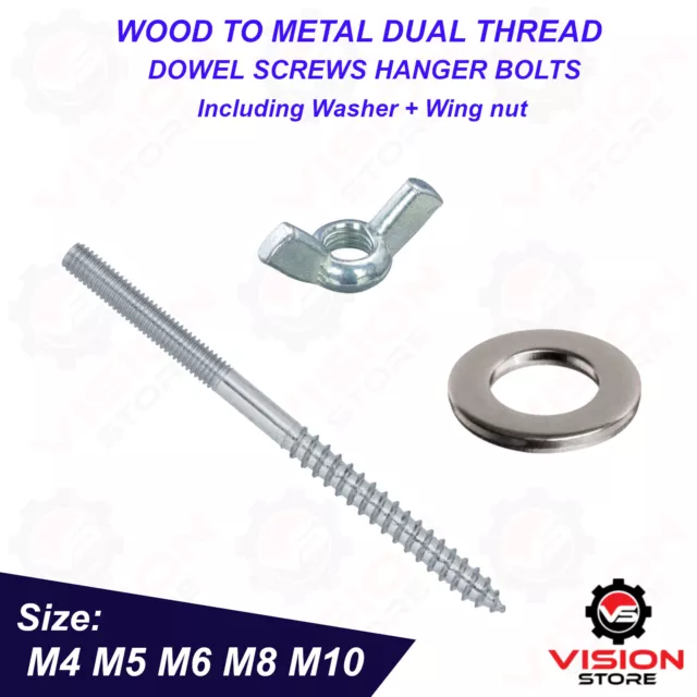 M4 M6 M8 M10 Wood To Metal Dowels Hanger Bolts Screws + Wing Nuts Washers Kit