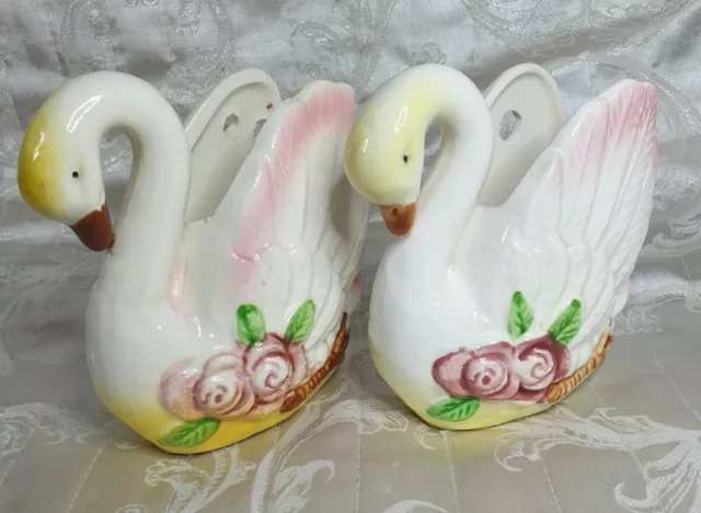 2 Ceramic Swan Wall Pockets/planters. Made In Japan 50s-60s