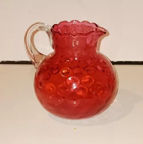 Fenton Art Glass: Cranberry Pitcher Inverted Thumbprint Coin Dot Clear Handle