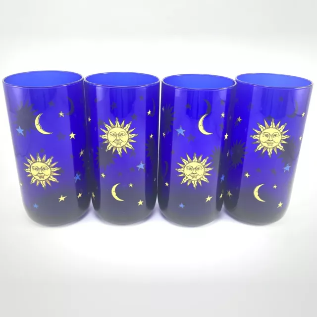 Vintage Libbey Cobalt Blue Celestial Tumblers Sun Moon Stars Glasses Set Of 4