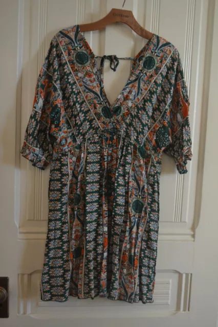 Greens And Orange Patterned Open Back A Line Cover Dress By Anthropologie ~ L