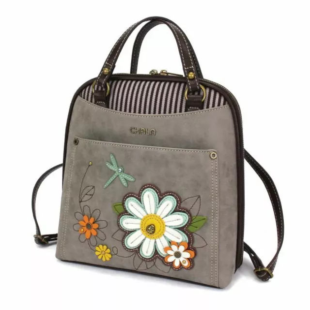 New Chala Gray Daisy White Flower Convertible Backpack Purse Faux Leather Canvas