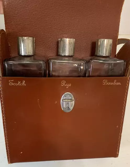Vtg 1950s Homa TRAVEL BAR Brown Leather Case /w Bottles Scotch, Rye, & Bourbon