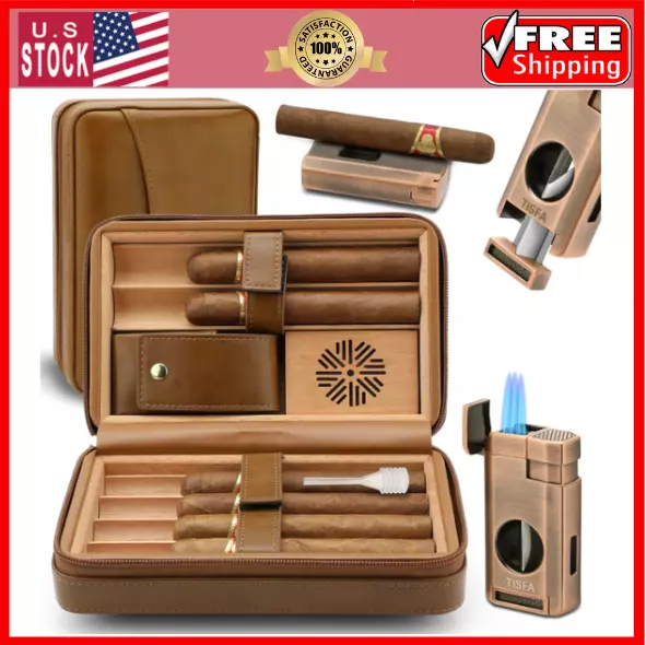 Cigar Humidor Leather Cedar Wood Cigar Case Cigar Lighter V Cut Cigar Cutter