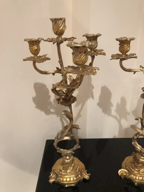 Large Pair Golden Bronze Candelabra Louis Xv Xix Eme Brand M 2