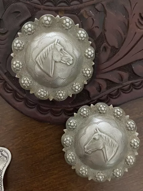 Vintage Large Silver Conchos Berry Edge Bridle Spur 1 3/4" Horse head Loop back