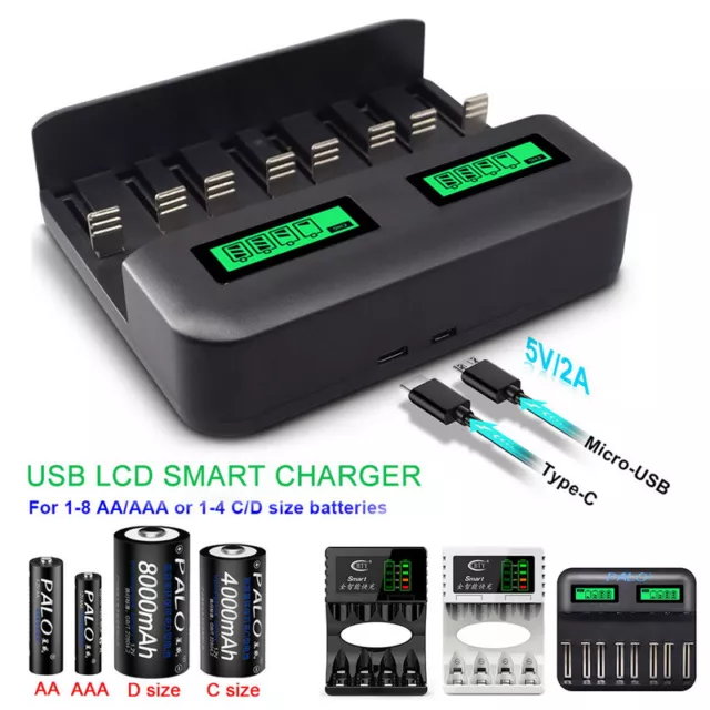 8 Slot Intelligent Battery Charger USB For AA AAA C D Rechargeable Batteries du.