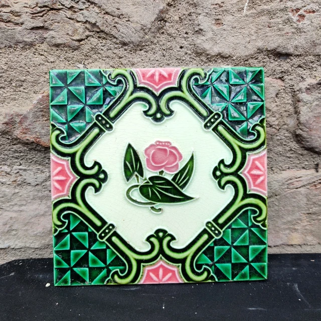 1940 Vintage Majolica Decorative Nouveau Architecture Furniture Tiles 4Pcs Japan 5
