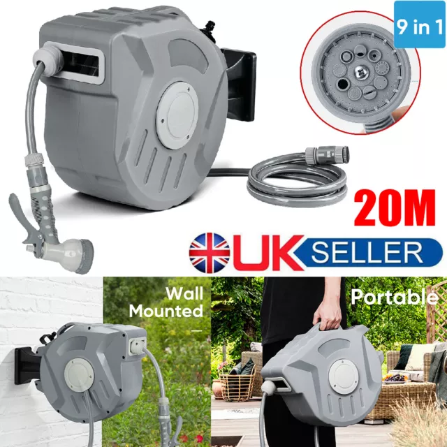 20m Hose Pipe Anti Kink Garden Patio Auto Retractable Pipe Reel Wall  Mounted Set