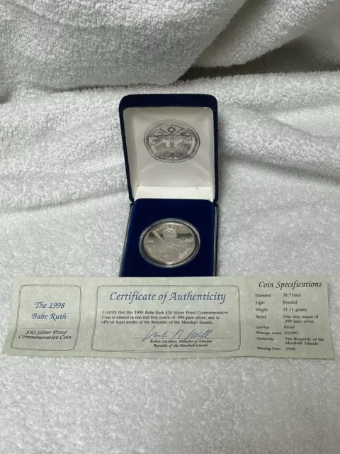 1998 Marshall Islands Commem $50 1 oz ounce Silver Babe Ruth Baseball NY Yankees