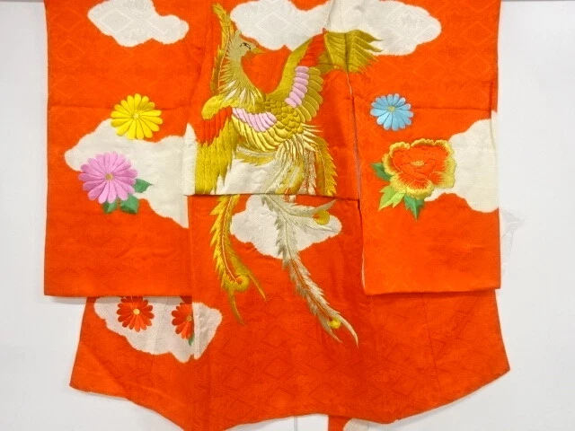 48243# Japanese Kimono / Antique Kimono For Girls / Embroidery / Phoenix & F