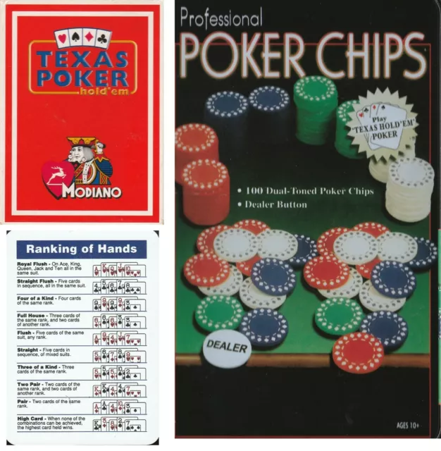 Modiano Texas Hold'em Carte In Pvc Piegabili + 100 Chips Poker 4 Colori + Dealer