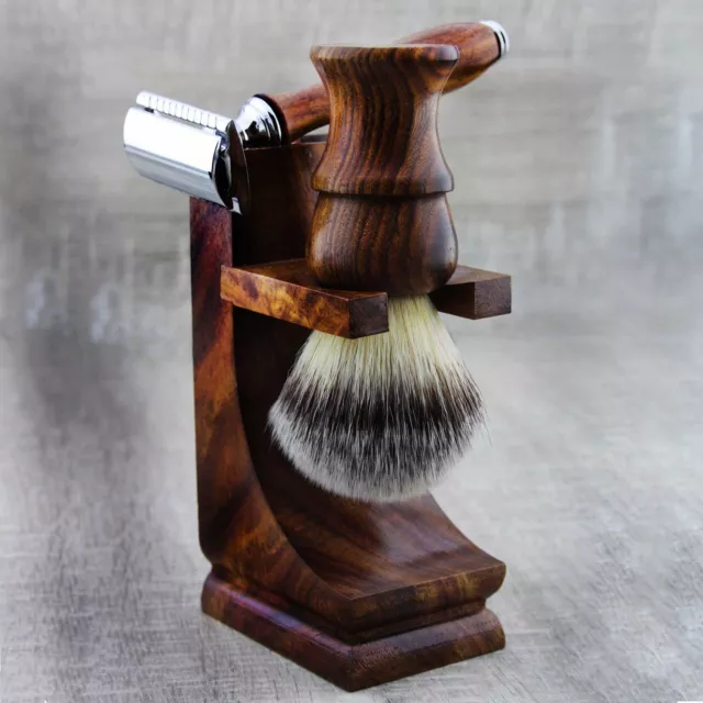 3 Stück aus Holz Rasierset für Herren mit Synthetisches Haar Brush & Rasierer 2