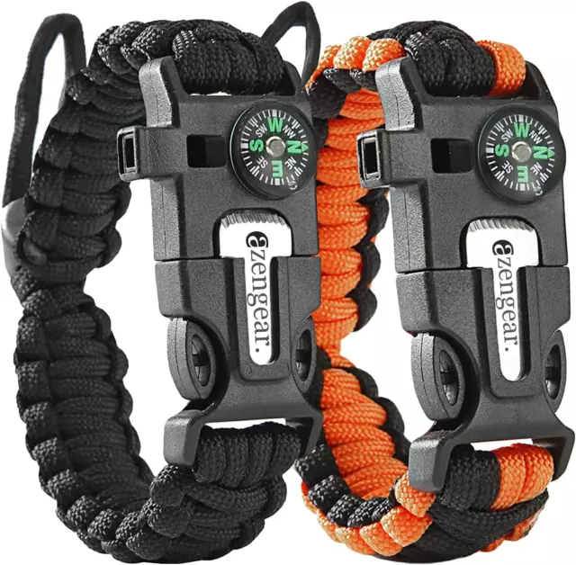 Paracord Survival Bracelet (2 Pack) | Flint Steel Fire Starter, Compass, Whistle