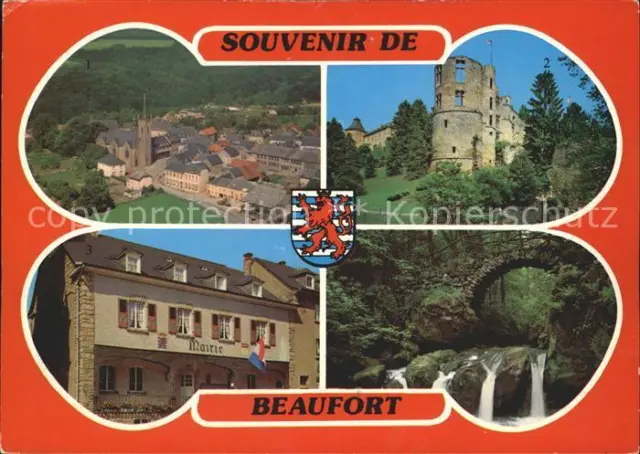 72272788 Beaufort_Befort_Luxembourg Vue generale Chateau Mairie Schiessentuempel