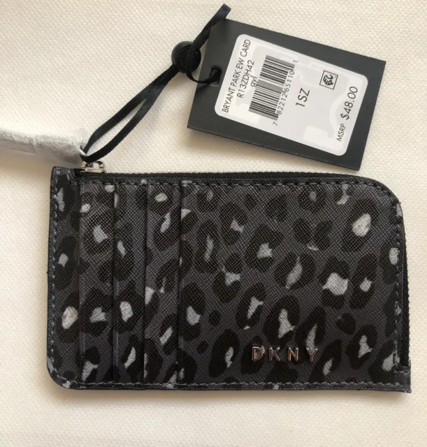 DKNY Bryant Park EW Gray, Black & White Leopard Print Card Wallet NWT