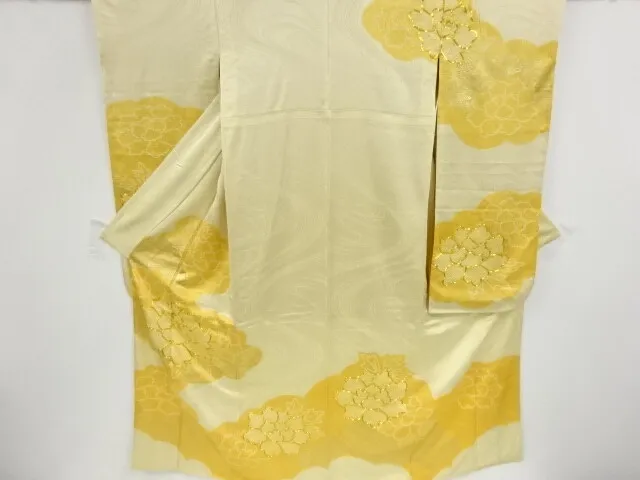 80793# Japanese Kimono / Antique Furisode / Embroidery / Shibori / Peony