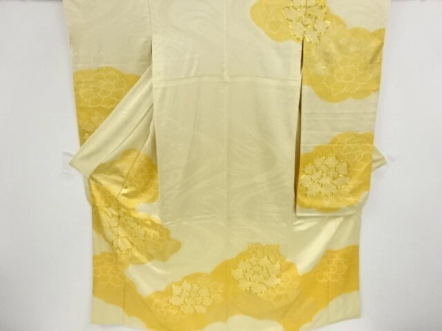 80793# Japanese Kimono / Antique Furisode / Embroidery / Shibori / Peony