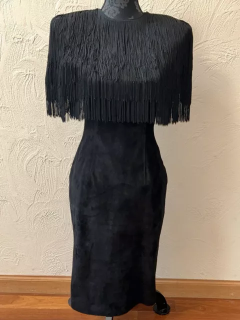 Vtg 80s Does 40s Black Suede Fringe Dress Midi Bodycon Designer Pia Rucci Size 6