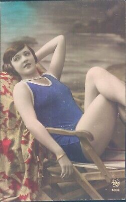 FRANCE woman sitting on the beach risque 1910s color PC