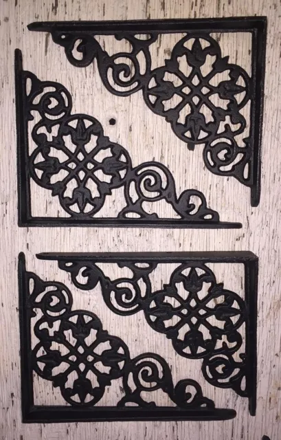SET OF 4 VICTORIAN FLORAL PATTERN BRACKETS Antique Styled cast iron braces BLACK 2