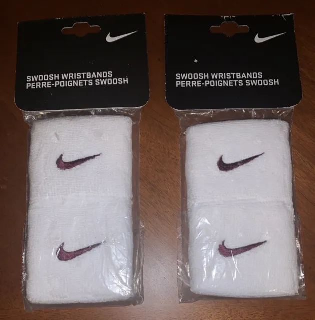 Nike Swoosh Wristbands White/Maroon Single Wide~Lot of 2 Sets