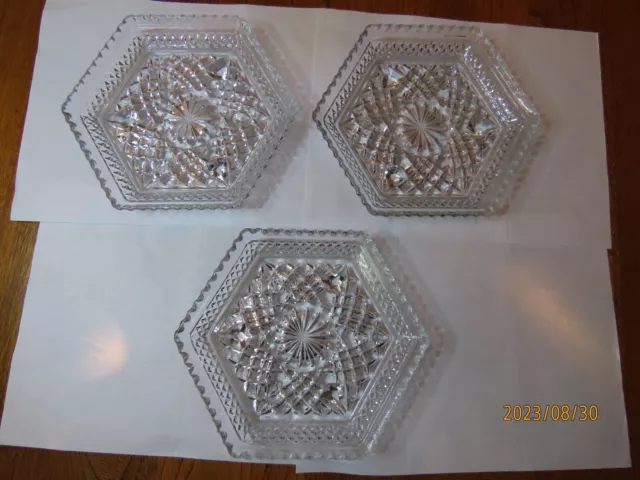 Set of Three (3) Anchor Hocking Wexford Hexagon 6 Sided Clear Glass Plates