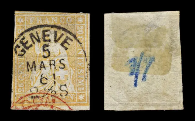 4397 Switzerland SG50 20c Orange-Yellow. Thick Paper. 1860. Sc#39 Mi16IIBym Fine