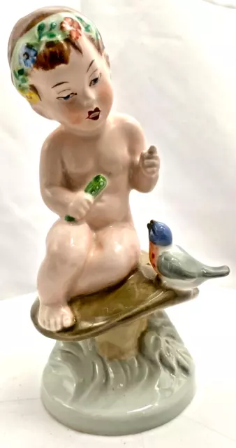 ROYAL DUX CZECH CHILD WITH FLUTE & BIRD ON MUSHROOM FIGURINE 6.7" Excellent
