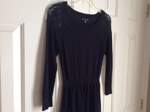 Black Knit Sweater Dress Floral Lace Shoulder Dressy Party Formal AEO Size Small 2